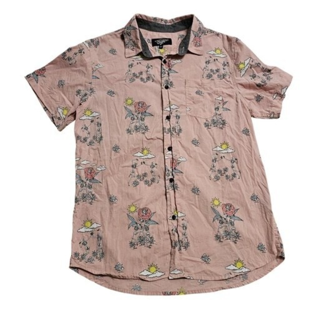 Eighty Eight Size Small Pink Hawaiian Skeleton Print Rose button up